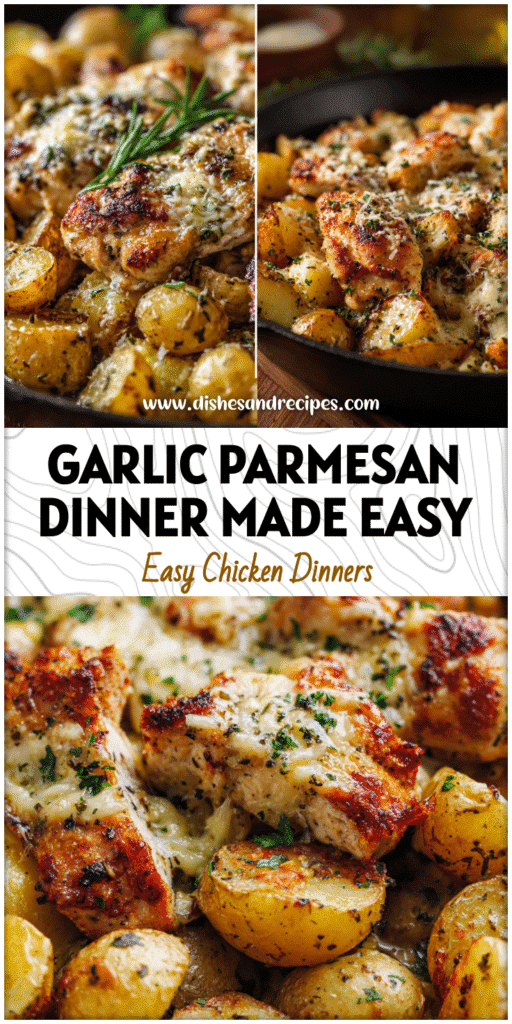 Close-up of garlic parmesan chicken and skillet potatoes topped with melted cheese and herbs in a one-pan meal.